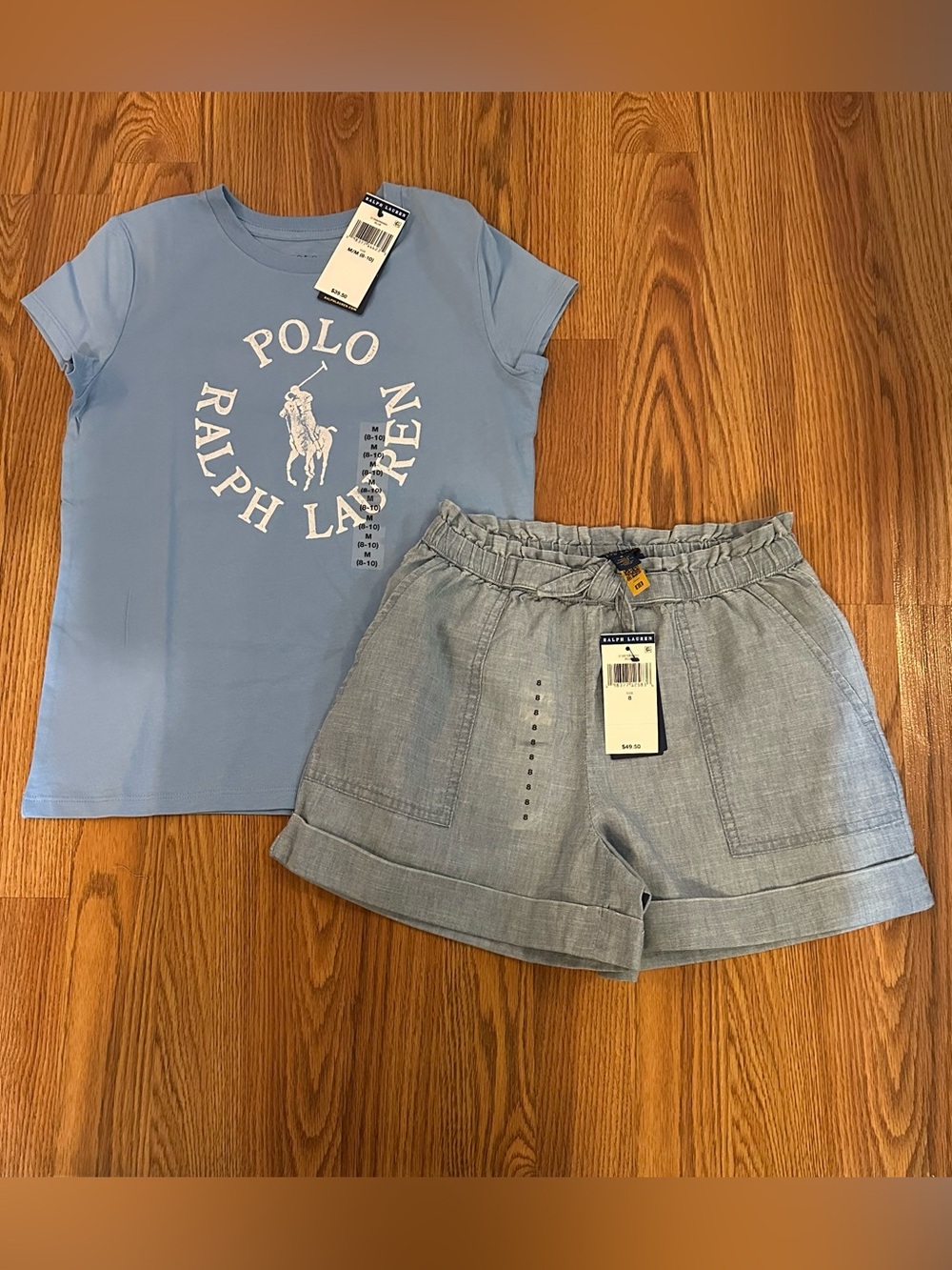 Polo Ralph Lauren Girls Cotton Jersey Tee & Blue Cotton Chambray Caro Shorts, M